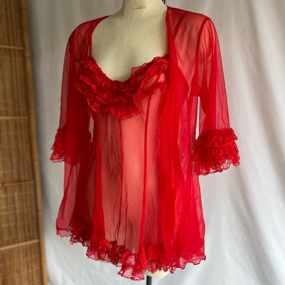 Vintage Ruffle Sheer Nightgown Robe Set Size L Sabrina Carpenter Style Teddy - Picture 5 of 12